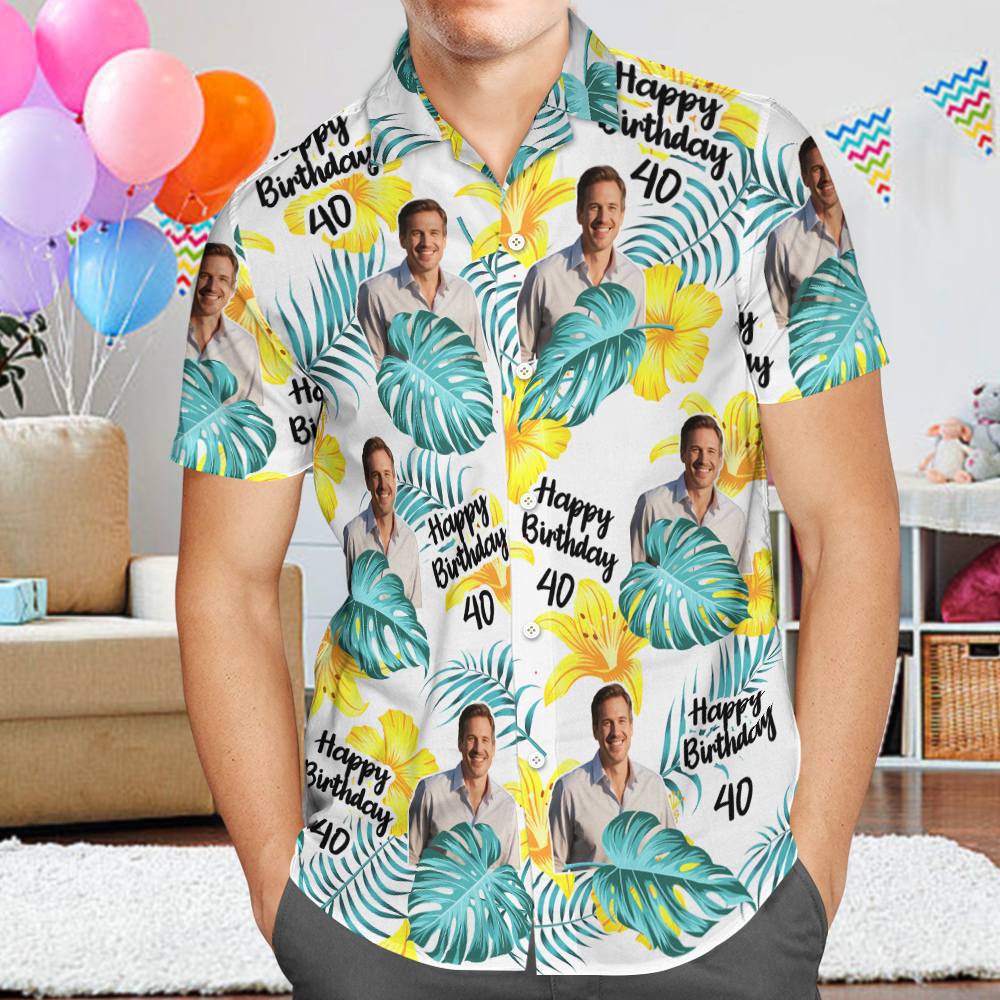 Custom Face Birthday Hawaiian Shirt Funny Date and Name Flower and Palm Tree Shirt 5-STYLES - MyFaceSocks