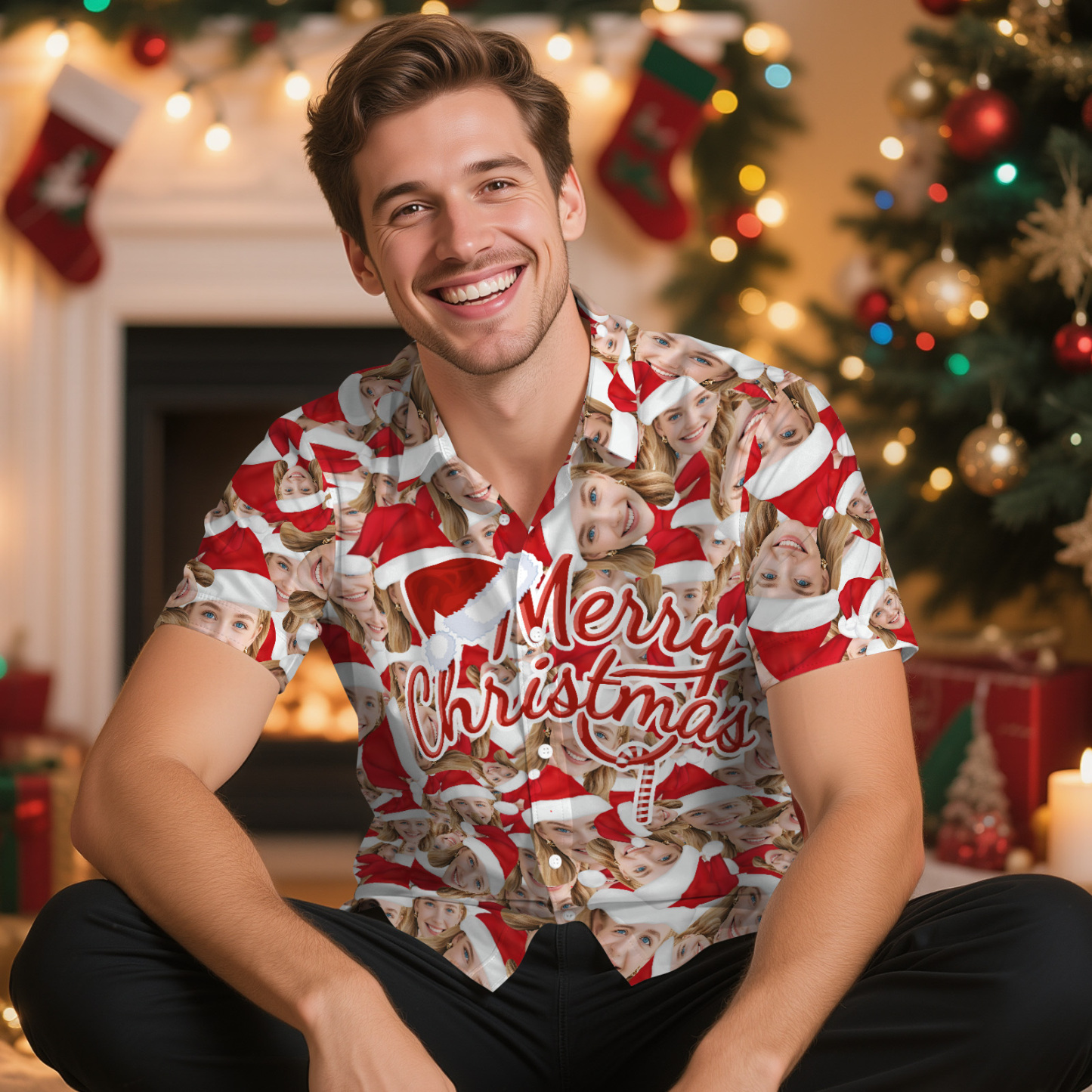 Personalized Face Christmas Shirt Photo Santa Hat Christmas Hawaiian Shirt  Gift for Family Friends Xmas Gift