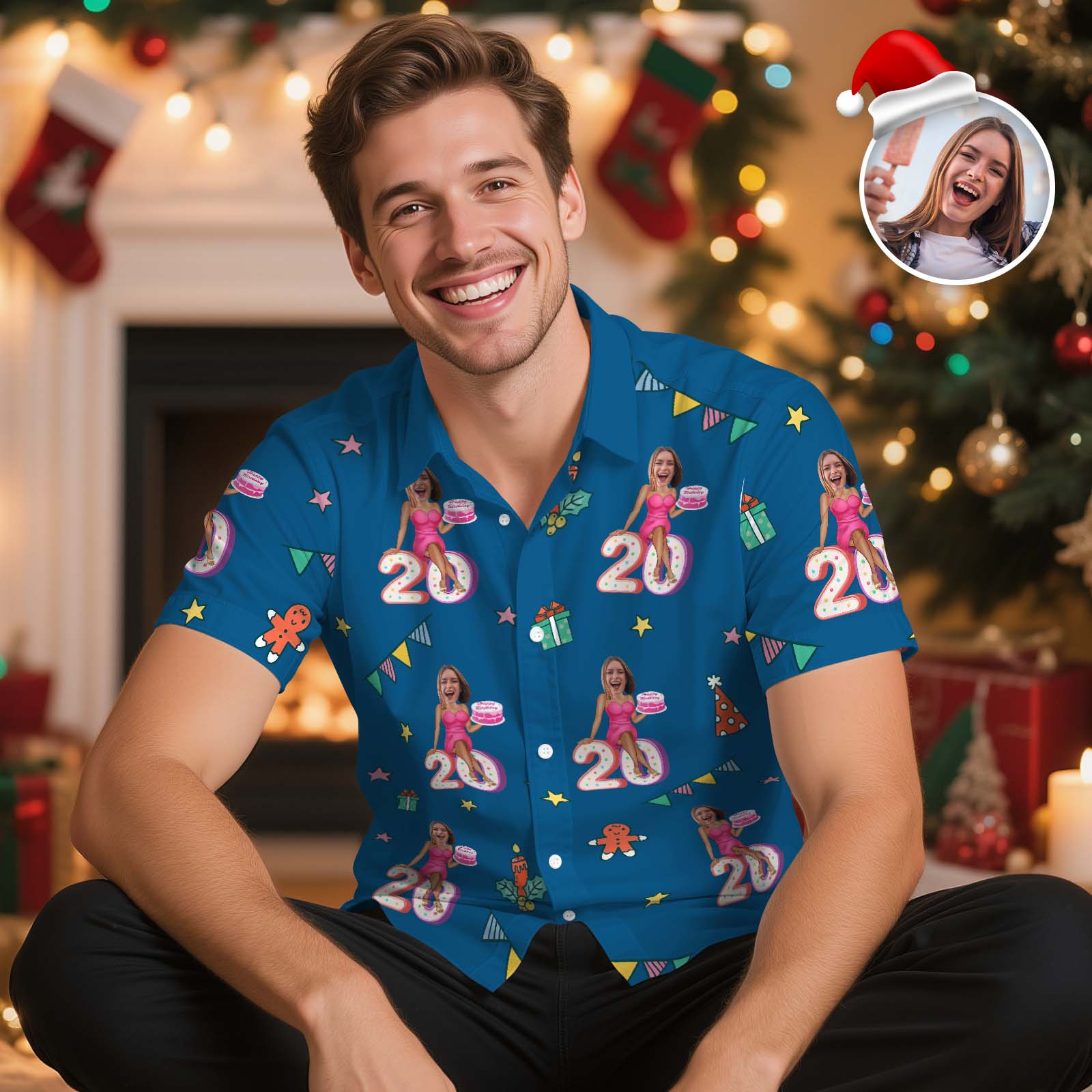 Custom Birthday Christmas Shirt Merry Christmas Multi-face Hawaiian Shirt  Gift for Family Xmas Gift