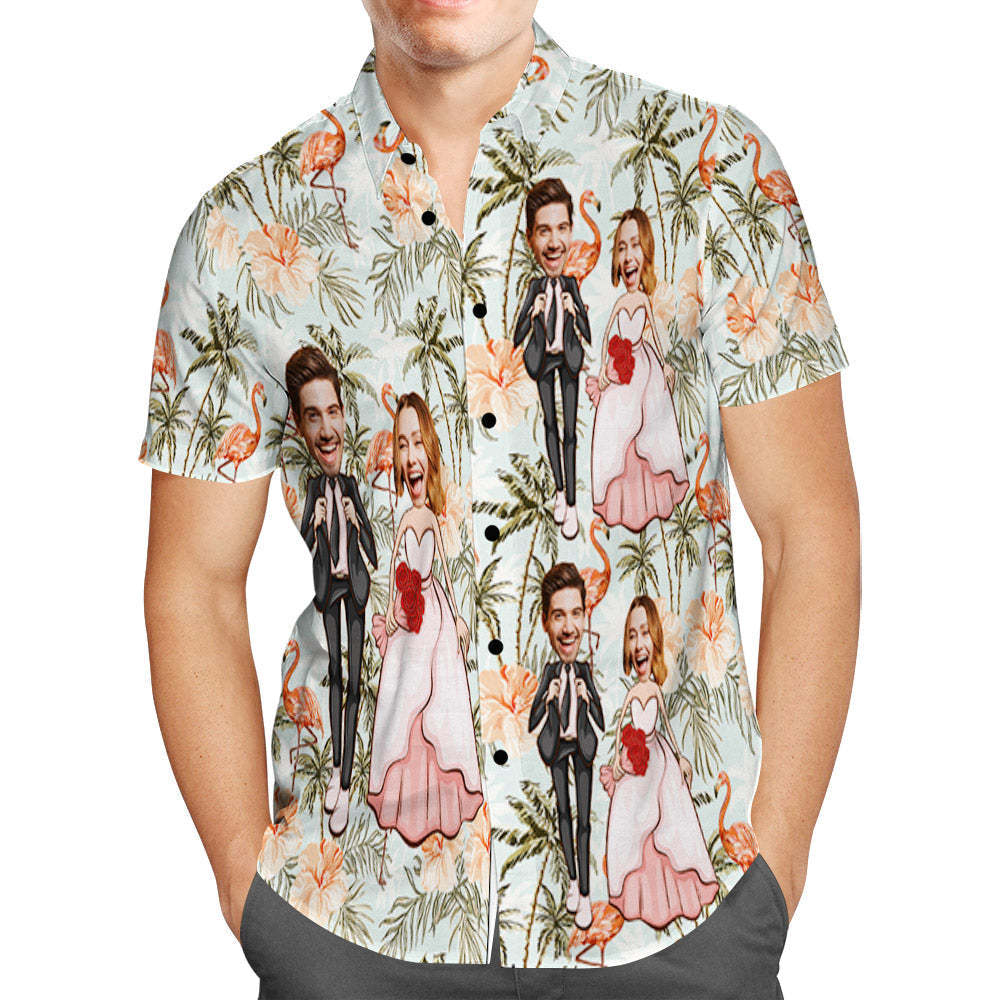 Custom Hawaiian Shirt Personalized Flamingo and Coconut Trees Wedding Hawaiian Shirt