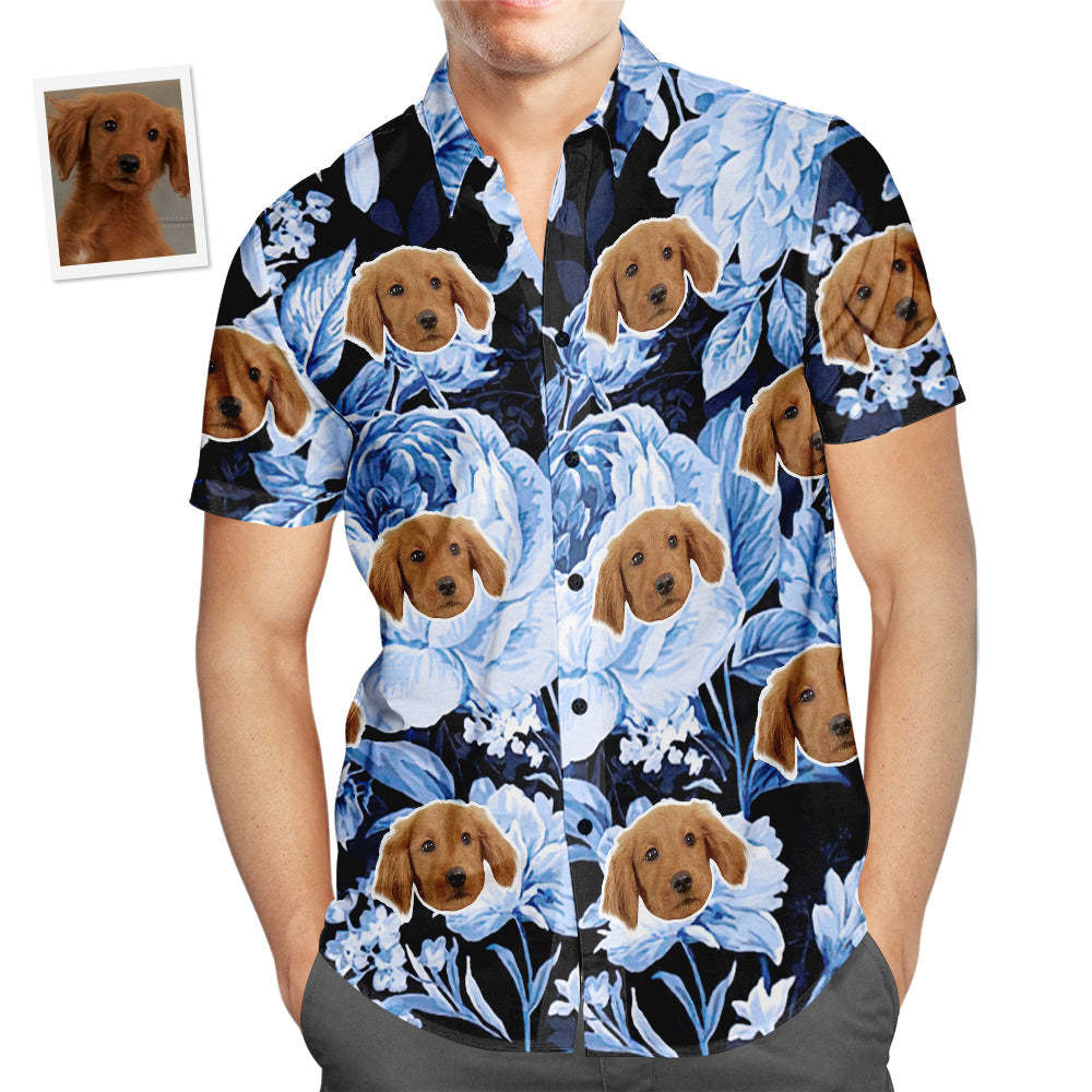 Custom Face Hawaiian Shirt Tropical Blue Retro Flower Men's Popular All Over Print Hawaiian Beach Shirt Holiday Gift - MyFaceSocks