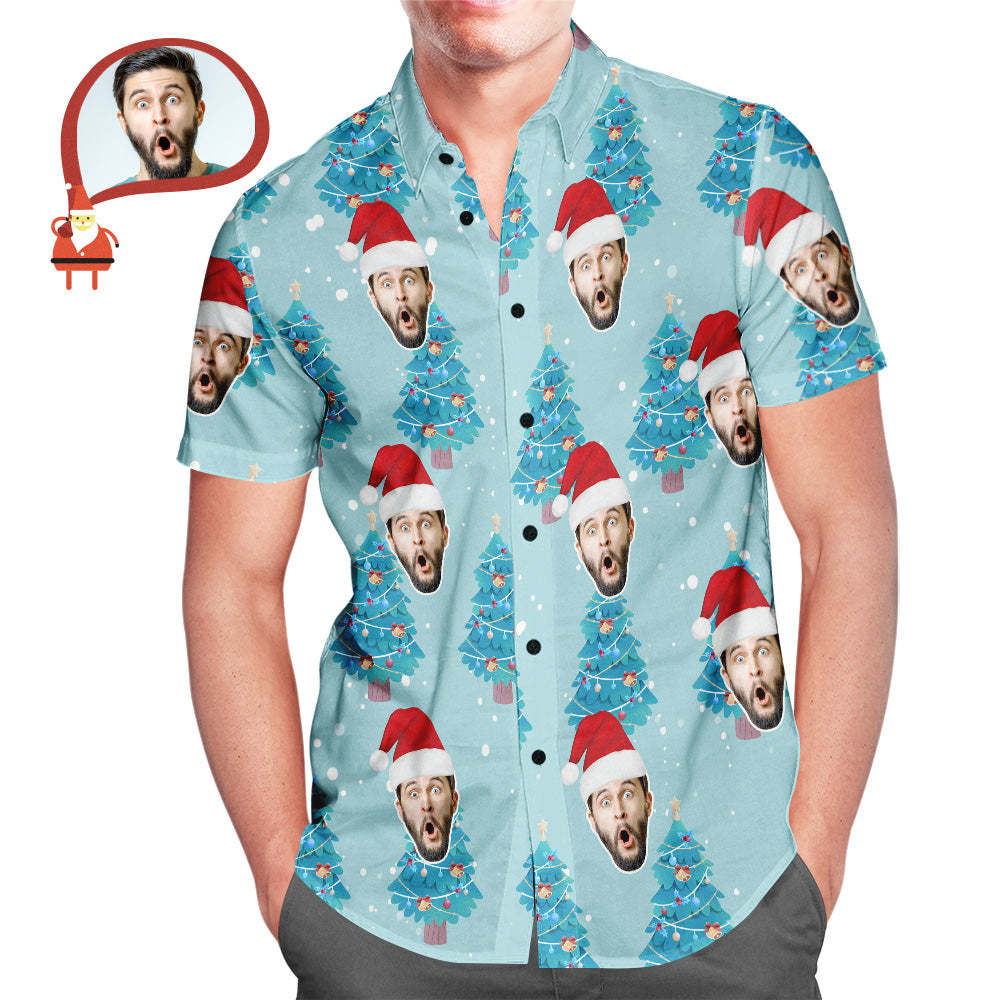 Custom Face All Over Print Blue Hawaiian Shirt Christmas Tree Style Gift for Him - MyFaceSocks