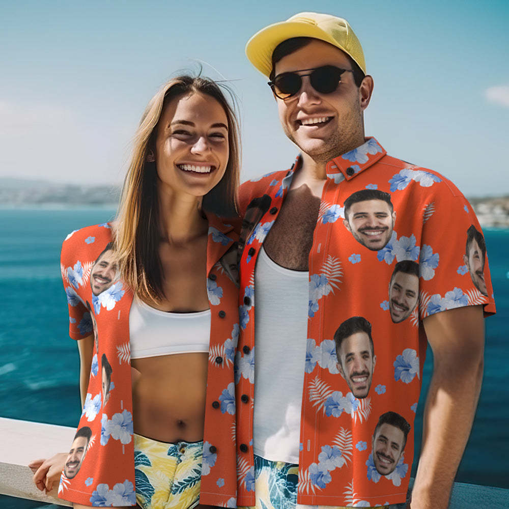 Custom Photo Hawaiian Shirt Beach Vacation Couple Wears Popular All Over Print Hawaiian Beach Shirt Holiday Gift - MyFaceSocks