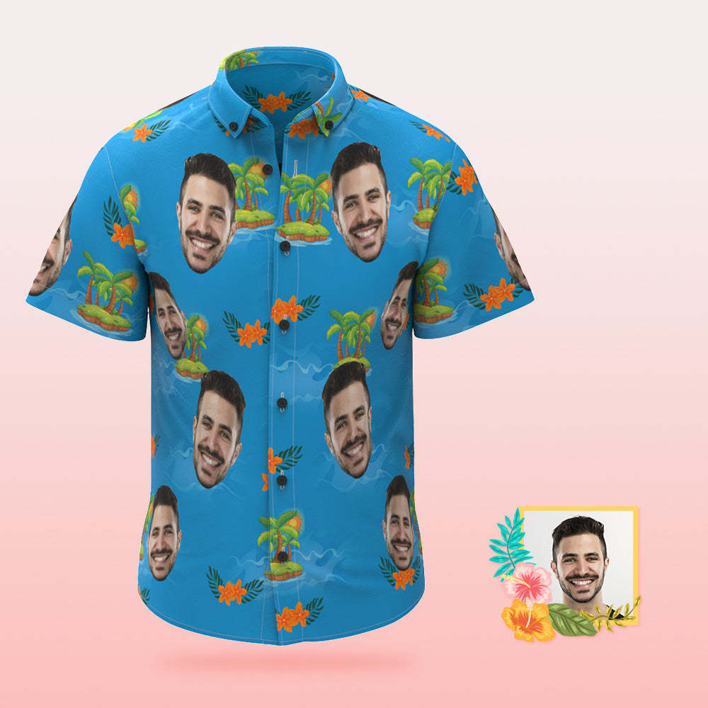 Custom Photo Hawaiian Shirt Beach Vacation Men's Popular All Over Print Hawaiian Beach Shirt Holiday Gift Blue - MyFaceSocks