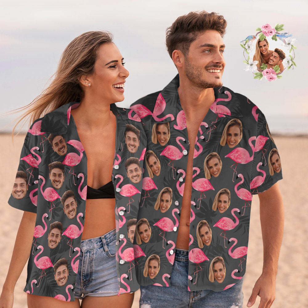 Custom Face Couple Matching Hawaiian Shirts Flamingo & Monstera Leaves Valentine's Day Gift