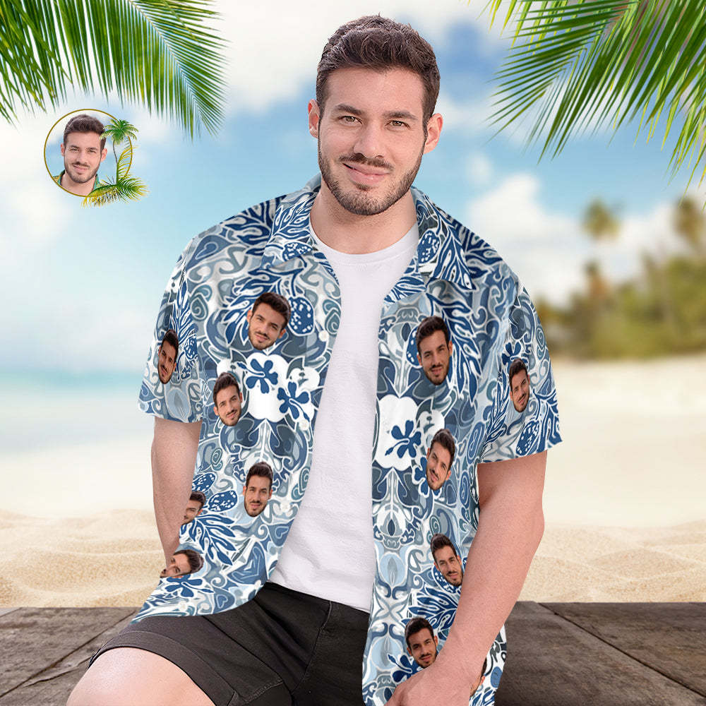 Custom Face Hawaiian Shirt Men's All Over Print Aloha Shirt Gift - Blue Vintage Pattern - MyFaceSocks