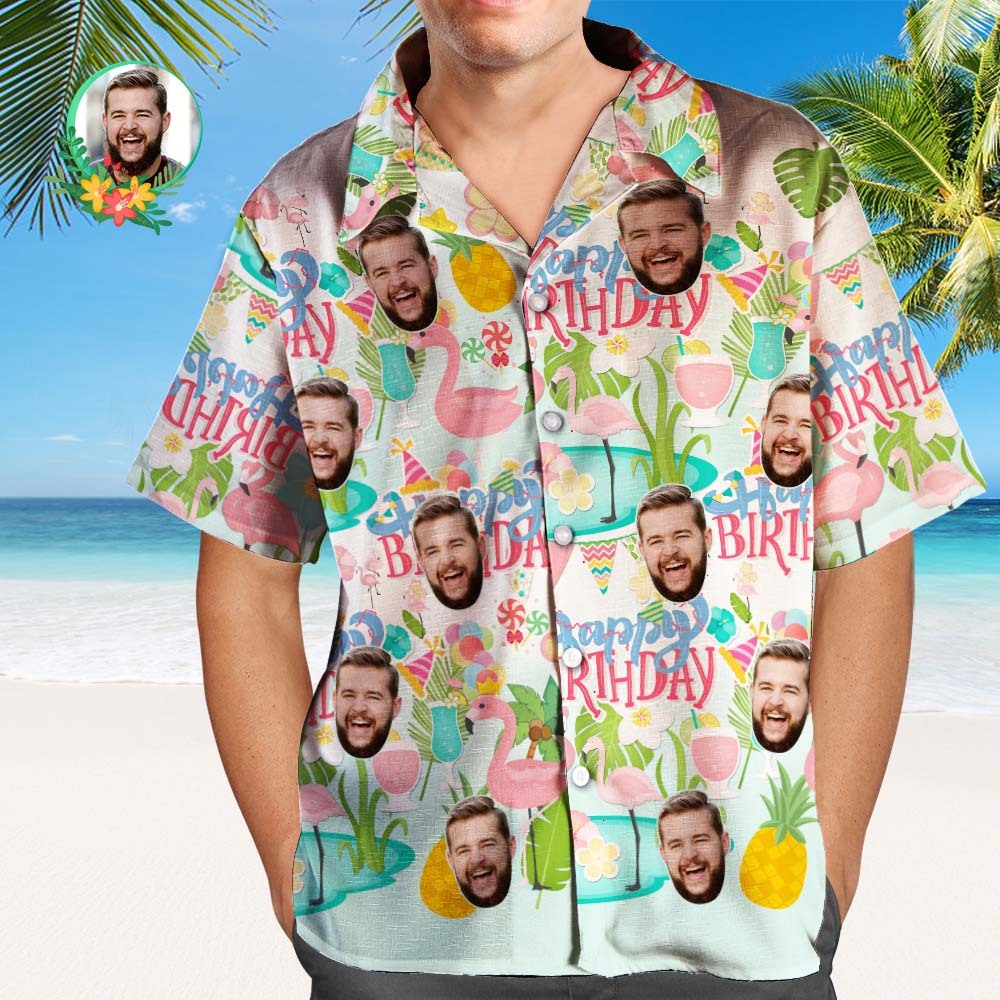 Custom Face All Over Print Hawaiian Shirt Flamingo Flowers And Leaves