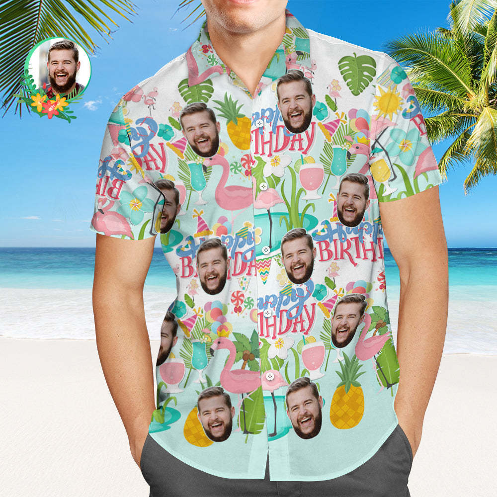 Custom Face All Over Print Hawaiian Shirt Flamingo Flowers And Leaves