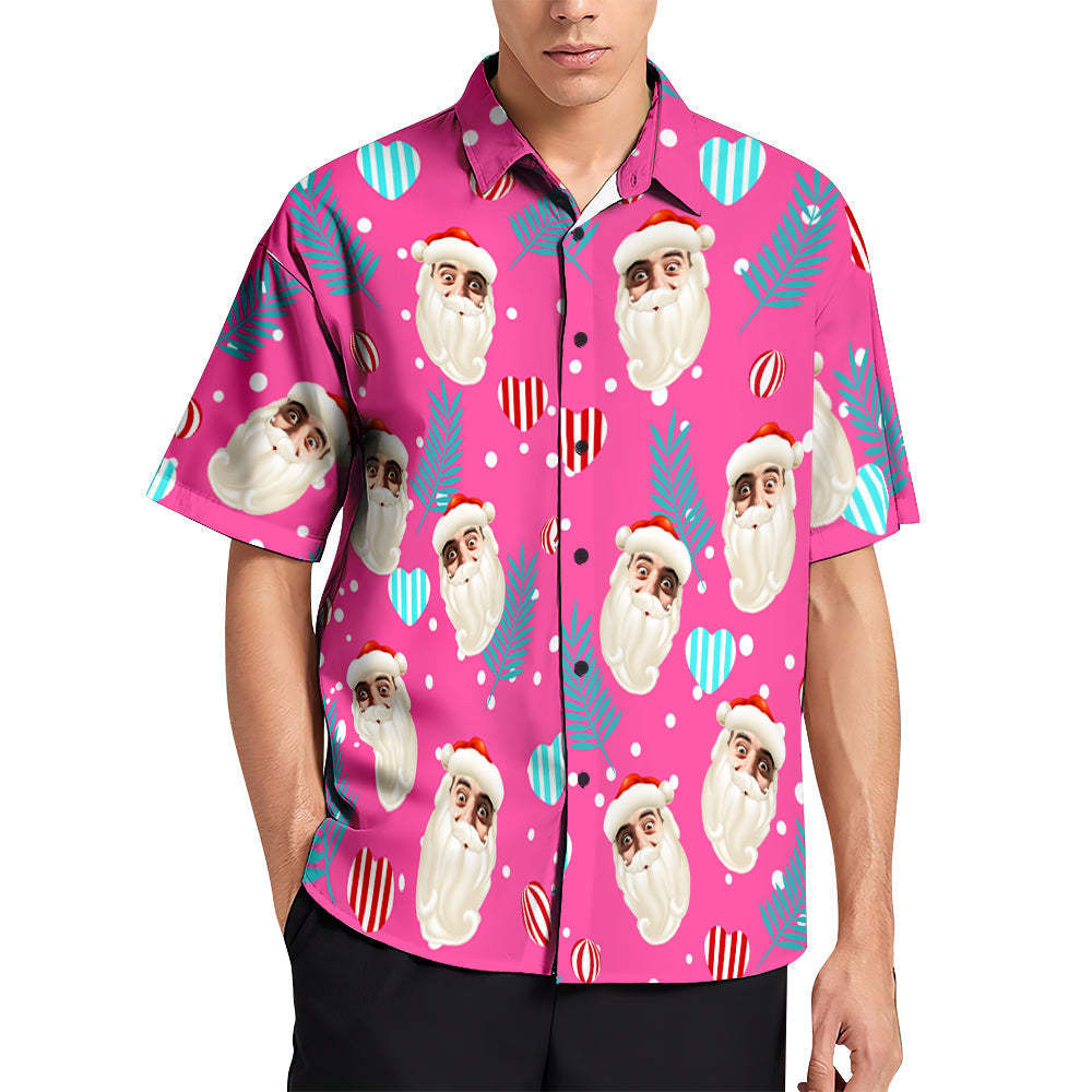 Custom Face Hawaiian Shirts Pink Christmas Men's Christmas Shirts Santa Claus - MyFaceSocks