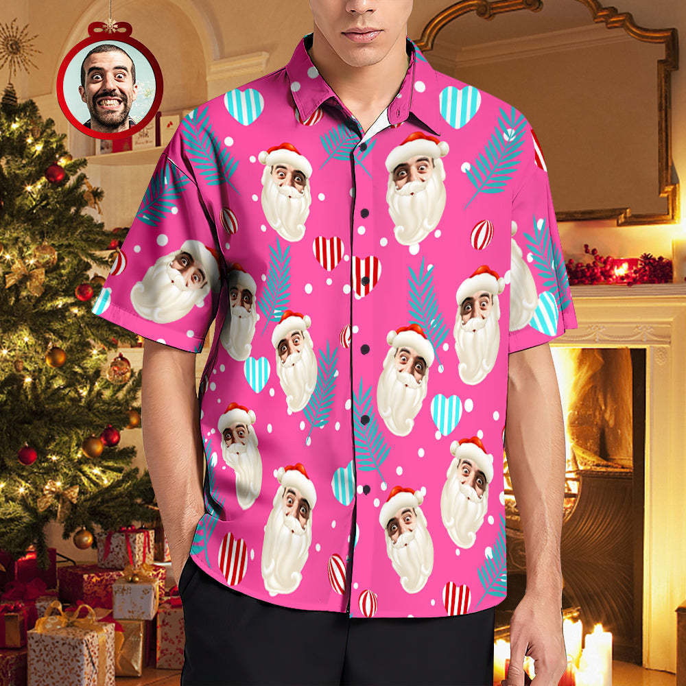 Custom Face Hawaiian Shirts Pink Christmas Men's Christmas Shirts Santa Claus - MyFaceSocks