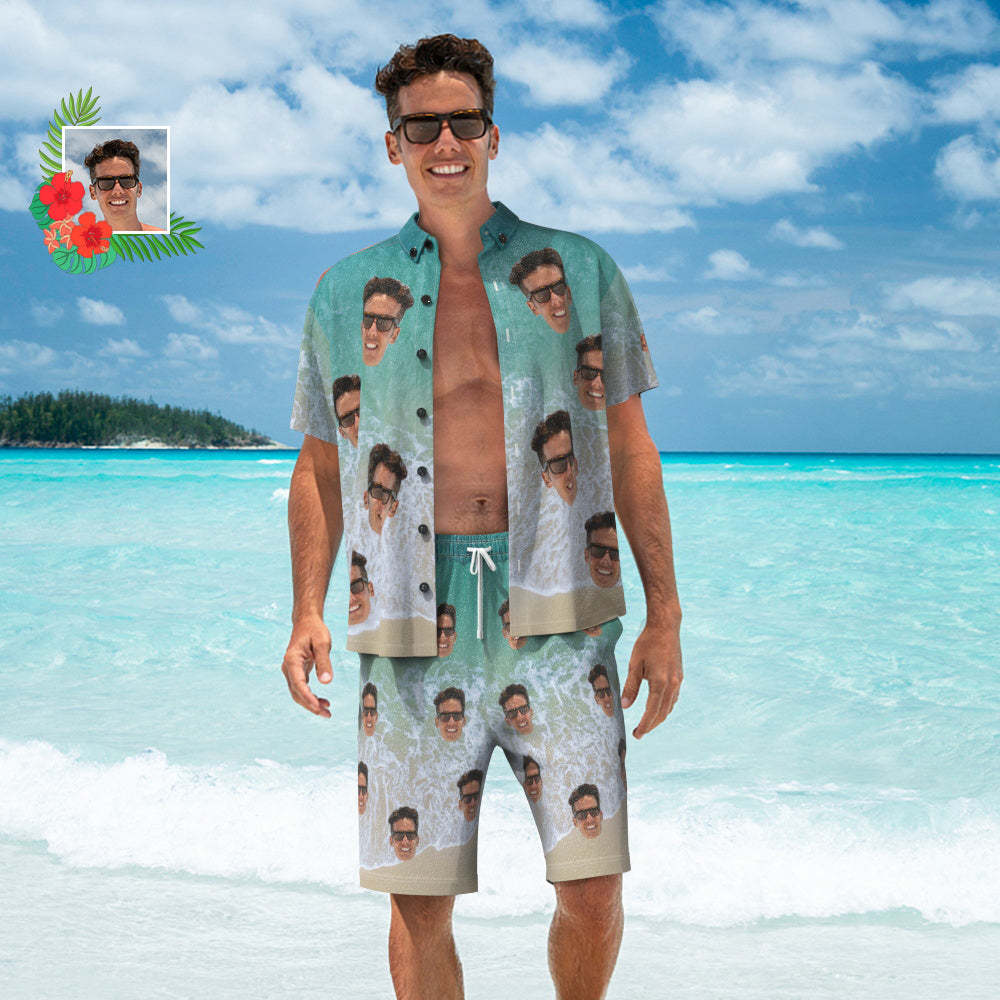 Custom Face Hawaiian Shirt And Beach Shorts Set Personalized Men's Photo Wave Print Set Vacation Party Gift