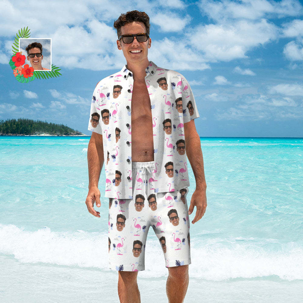 Custom Face Hawaiian Shirt And Beach Shorts Set Personalized Men's Photo Flamingo Print Set Vacation Party Gift