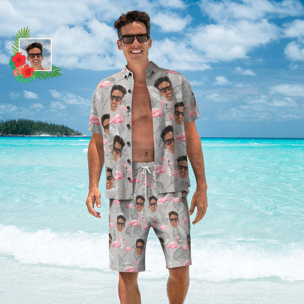 Custom Face Hawaiian Shirt And Beach Shorts Set Personalized Men's Photo Casual Resort Flamingo Print Set Vacation Party Gift