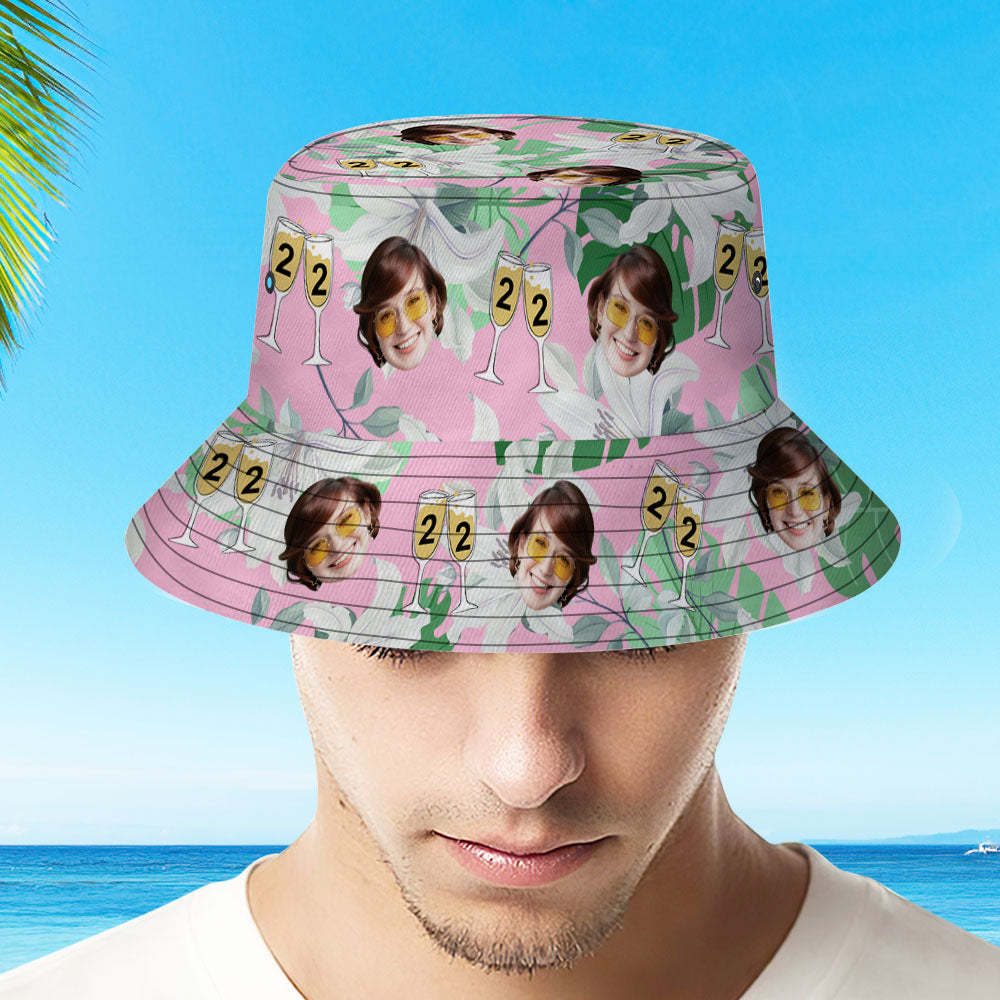 Custom Face Bucket Hat Number in Wine Glass Pink And Green Sleeves Face Bucket Hat Gift for Him - MyFaceSocks