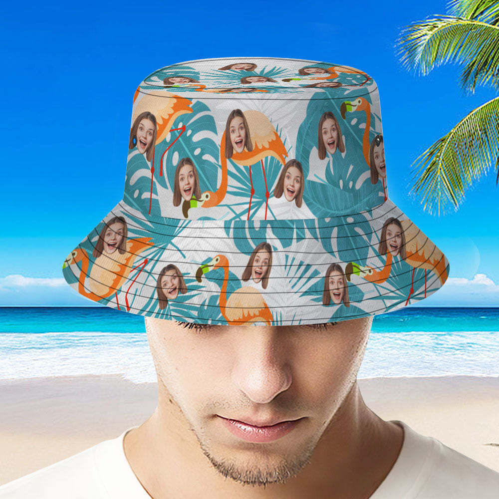 Custom Bucket Hat Unisex Face Bucket Hat Summer Outdoor Flamingos and Blue Leaves Bucket Hat - MyFaceSocks