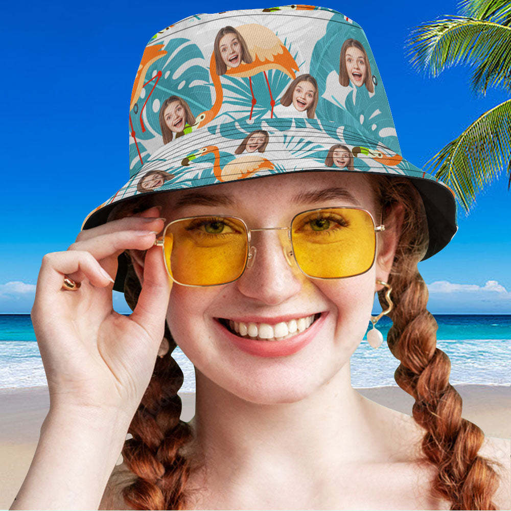 Custom Bucket Hat Unisex Face Bucket Hat Summer Outdoor Flamingos and Blue Leaves Bucket Hat - MyFaceSocks