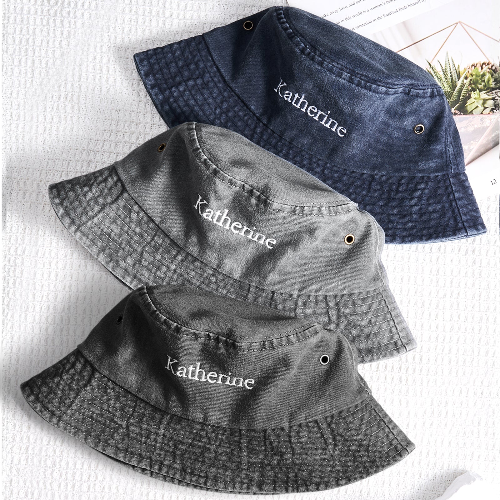 Personalized Denim Bucket Hat Custom Name Embroidery Design Gift for Friends