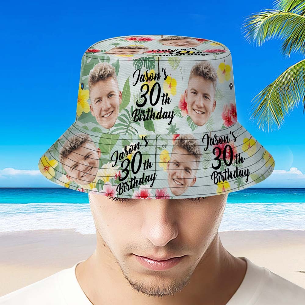 Custom Face Birthday Bucket Hat Unisex Face Personalized Outdoor Summer Age and Birthday Hawaiian Hats Gift - MyFaceSocks