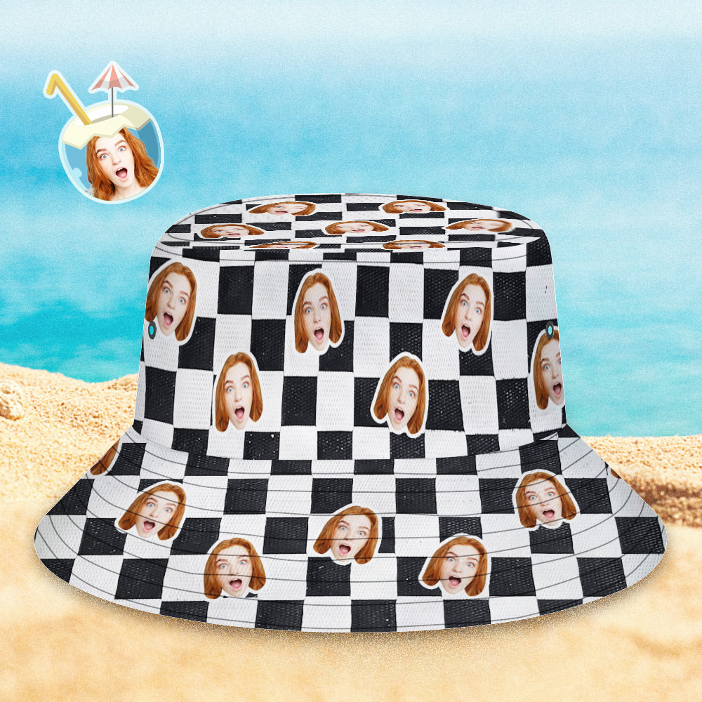 Custom Bucket Hat Unisex Face Bucket Hat Personalized Wide Brim Outdoor Summer Cap Hiking Beach Sports Hats Black White Checkered