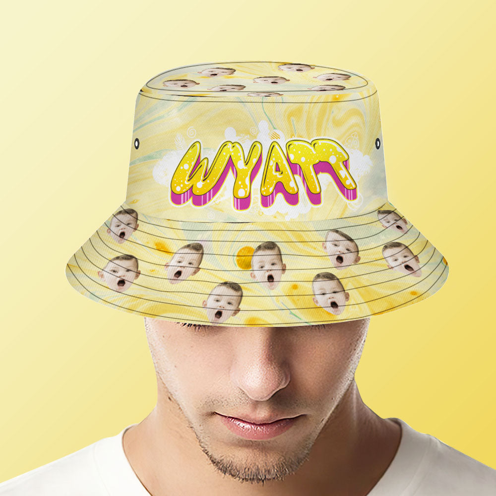 Custom Bucket Hat Unisex Face Bucket Hats Personalized Photo and Name Summer Yellow Hats
