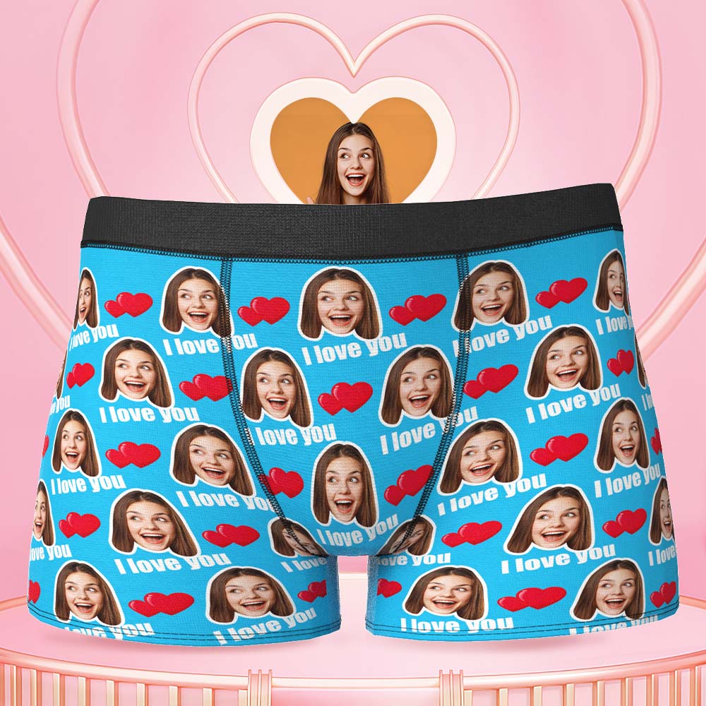 Printed in U.S.A Personalized Face Boxers Custom Heart Photo Boxers Valentine's Day Gift For Him Blue