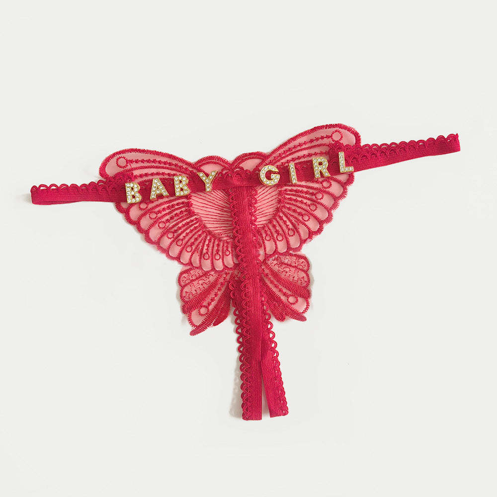 Custom Lace Hollow Butterfly Sexy Low Waist Panty with jewelry Crystal Letter Name Open Cut Thong Underpants Women's Underwear - MyFaceSocks