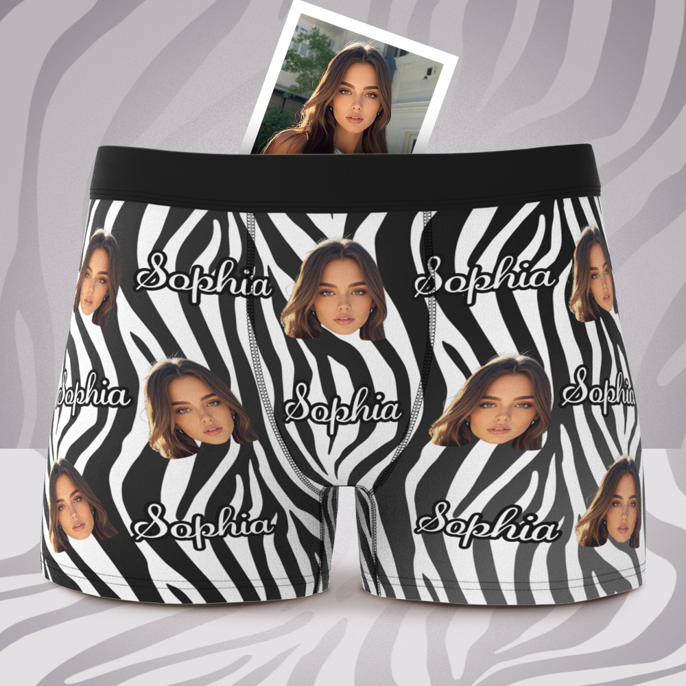 Custom Face and Text White Stripe Boxer Shorts Men's Face Valentine's Day Gifts