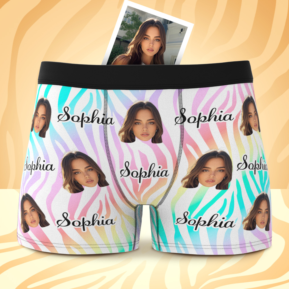 Custom Face and Text White Stripe Boxer Shorts Men's Face Valentine's Day Gifts - MyFaceSocks
