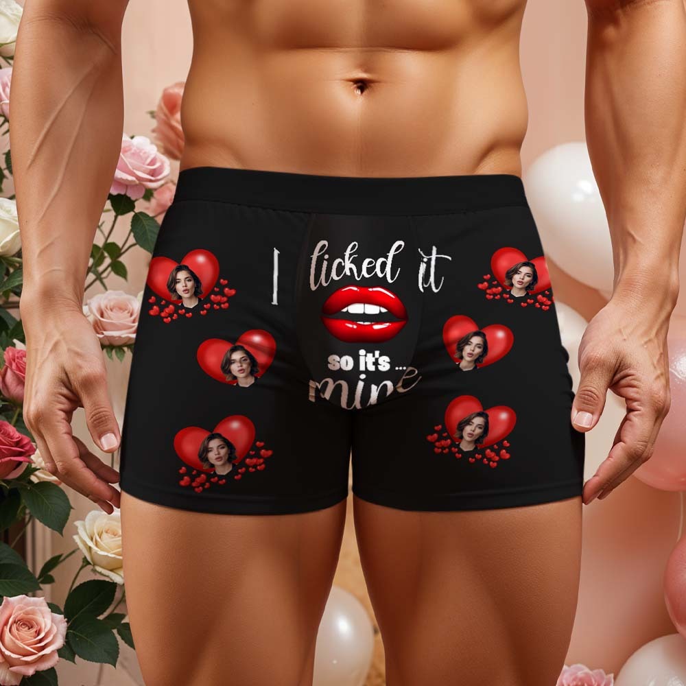 Custom Mens Face Boxer Red Heart Boxer I Licked It So It'S Mine Personalized Face Boxers Valentines Day Underwear - MyFaceSocks
