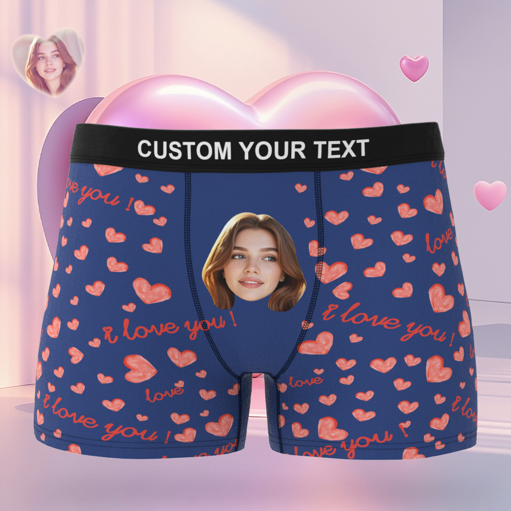 Personalized Face Men's Boxer Blue Underwear Gifts for Husband I Love You Heart Men Face Boxer - MyFaceSocks