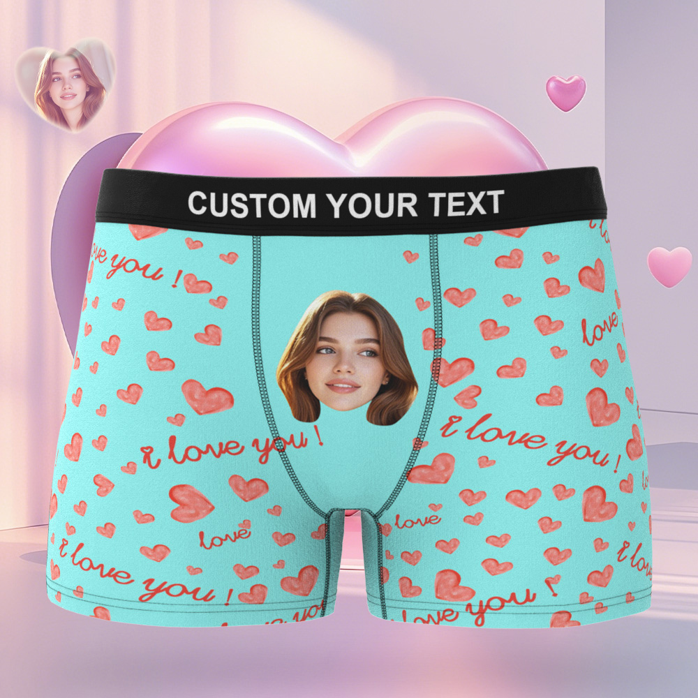 Personalized Face Men's Boxer Blue Underwear Gifts for Husband I Love You Heart Men Face Boxer - MyFaceSocks