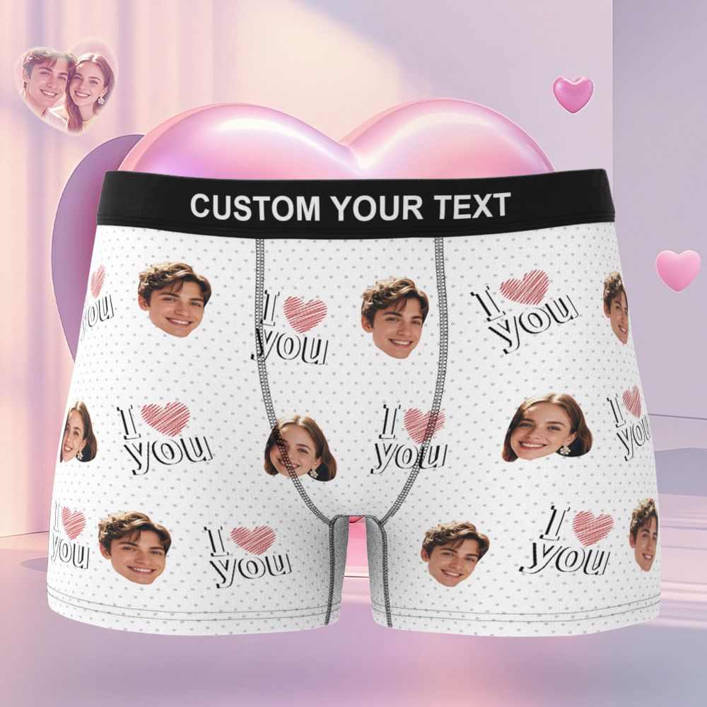 Personalized Face Men's Boxer Blue Underwear Gifts for Husband I Love You Heart Men Face Boxer - MyFaceSocks