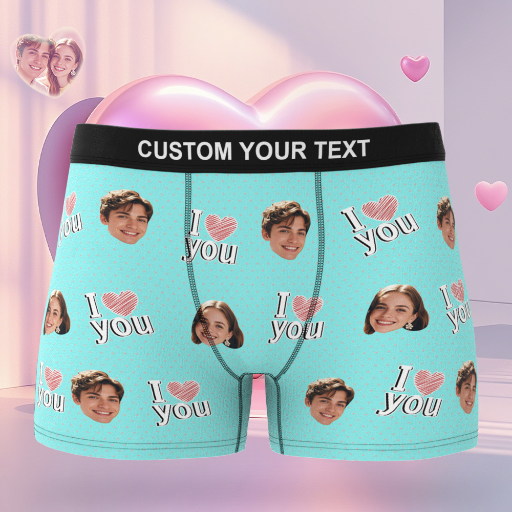 Personalized Face Men's Boxer Blue Underwear Gifts for Husband I Love You Heart Men Face Boxer - MyFaceSocks