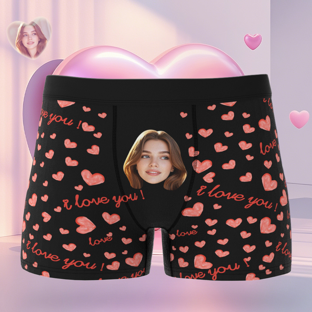 Personalized Face Men's Boxer Blue Underwear Gifts for Husband I Love You Heart Men Face Boxer - MyFaceSocks