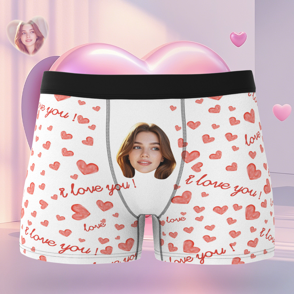 Personalized Face Men's Boxer Blue Underwear Gifts for Husband I Love You Heart Men Face Boxer - MyFaceSocks
