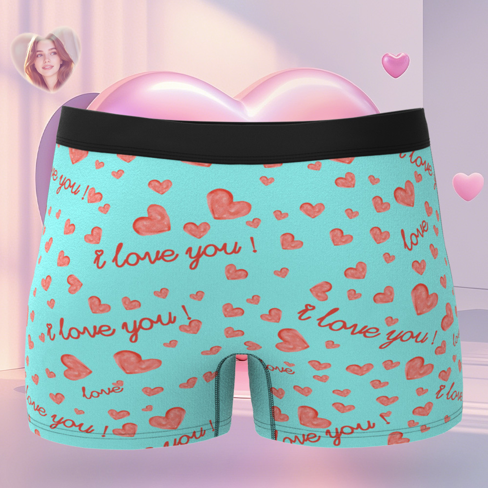 Personalized Face Men's Boxer Blue Underwear Gifts for Husband I Love You Heart Men Face Boxer - MyFaceSocks