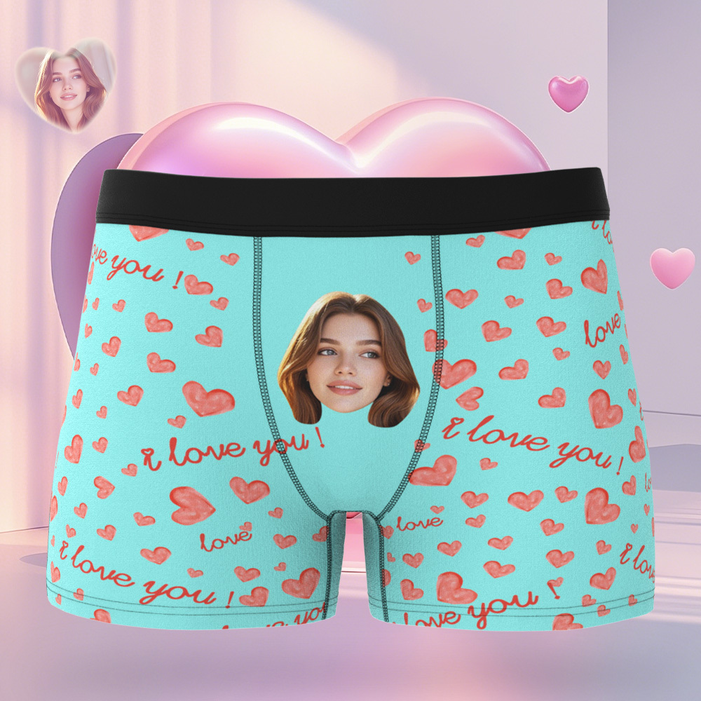 Personalized Face Men's Boxer Blue Underwear Gifts for Husband I Love You Heart Men Face Boxer - MyFaceSocks