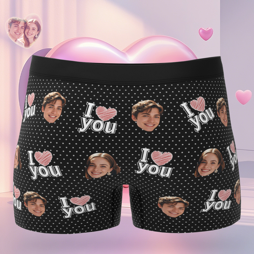 Personalized Face Men's Boxer Blue Underwear Gifts for Husband I Love You Heart Men Face Boxer - MyFaceSocks