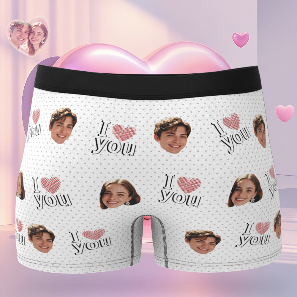 Personalized Face Men's Boxer Blue Underwear Gifts for Husband I Love You Heart Men Face Boxer - MyFaceSocks