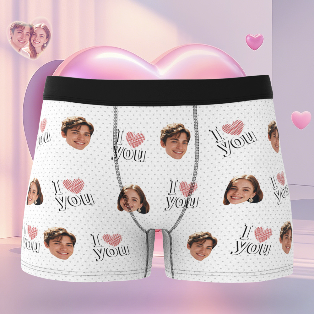 Personalized Face Men's Boxer Blue Underwear Gifts for Husband I Love You Heart Men Face Boxer - MyFaceSocks