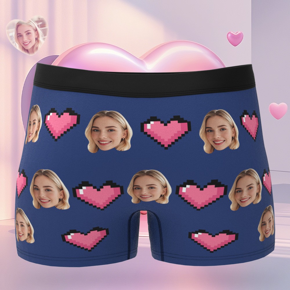 Personalized Face Men's Boxer Blue Underwear Gifts for Husband I Love You Heart Men Face Boxer - MyFaceSocks