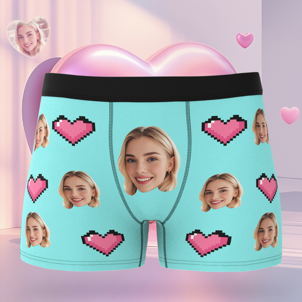 Personalized Face Men's Boxer Blue Underwear Gifts for Husband I Love You Heart Men Face Boxer - MyFaceSocks