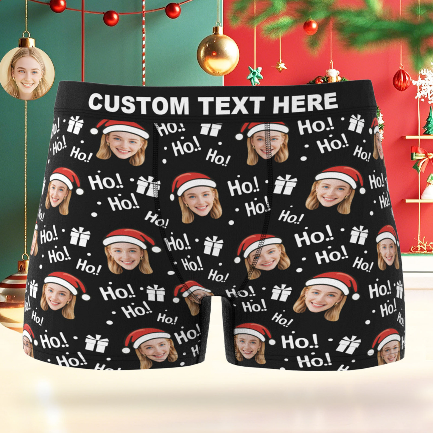 Custom Face Men's Boxer Underwear Santa Gift HoHo Christmas Gift Box Underwear Personalized Photo Funny Men's Boxer Briefs Christmas Valentine Christmas 