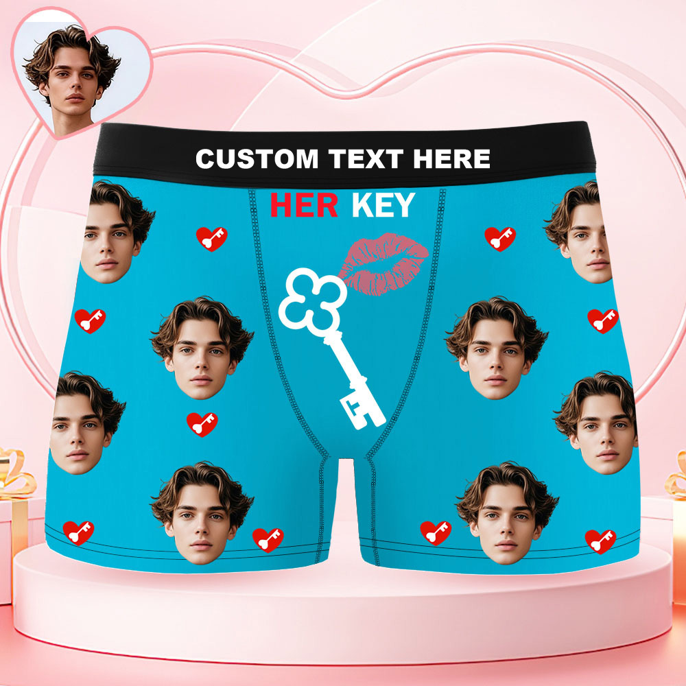 Custom Face Men's Boxer Underwear HER KEY Red Lips And Key Boxer Gift Personalized Photo Funny Men's Boxer Briefs
