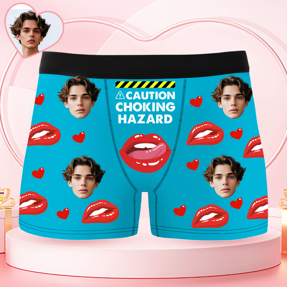 Custom Face Men's Boxer Underwear CAUTION CHOKING HAZARD Red Lip Boxer Gift Personalized Photo Funny Men's Boxer Briefs