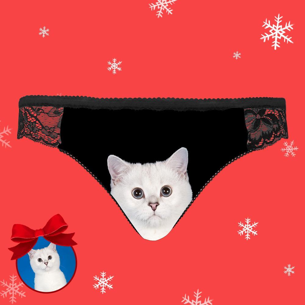 Custom Cat Face Photo Women's Lace Panties - Black
