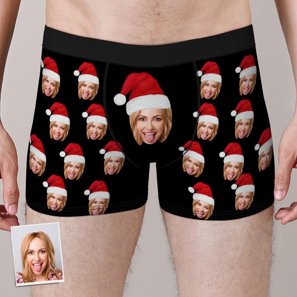 Custom Face Boxers Shorts with Christmas hat Personalized Photo Underwear Christmas Gift for Men - MyFaceSocks