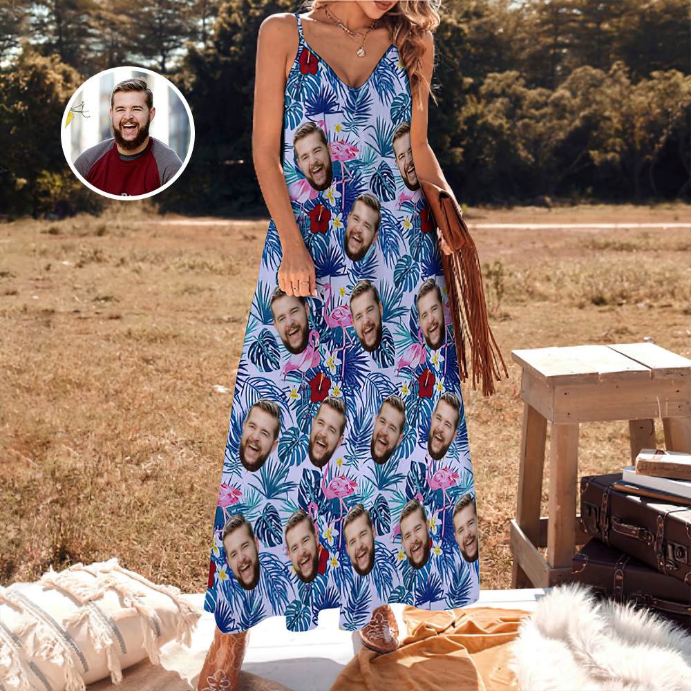 Custom Face Sling Hawaiian Style Long Dress Blue Flamingo Tropical Hawaiian Dress - MyFaceSocks