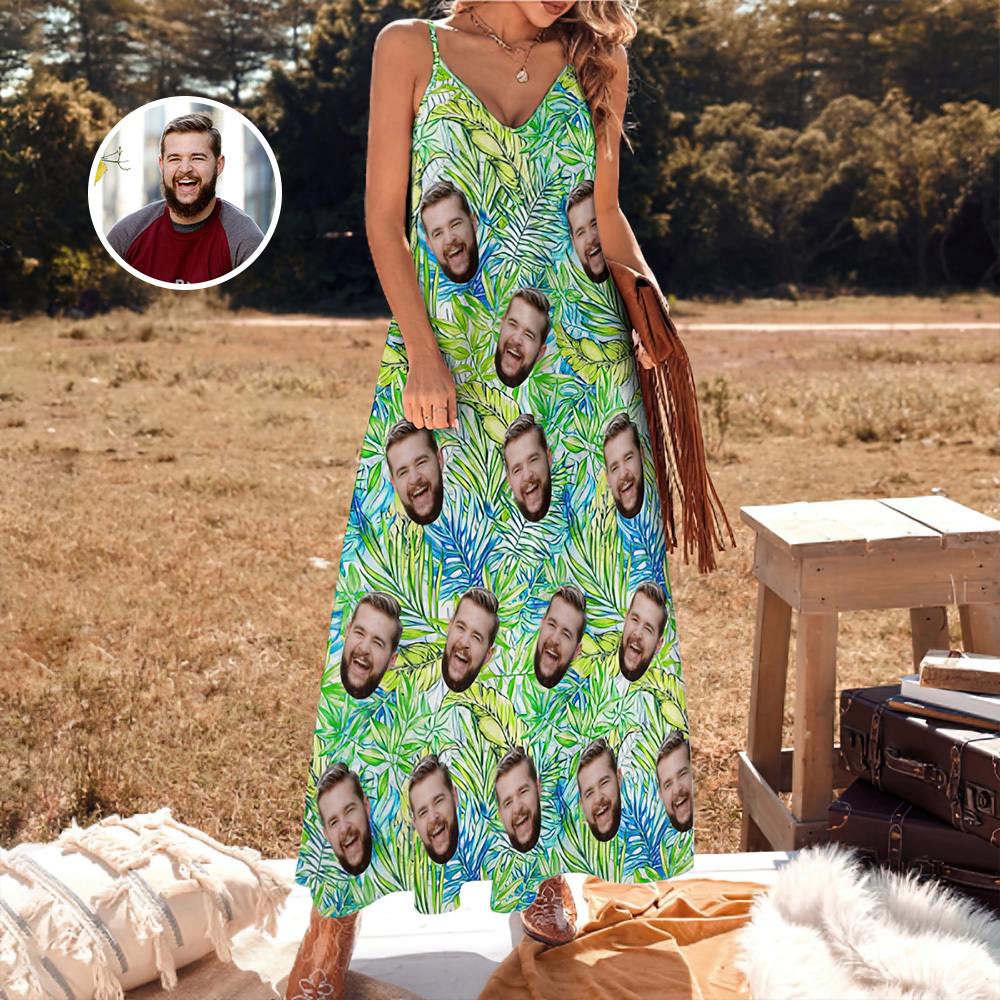 Custom Face Sling Hawaiian Style Long Dress Blue Flamingo Tropical Hawaiian Dress - MyFaceSocks