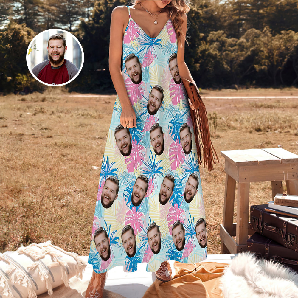 Custom Face Sling Hawaiian Style Long Dress Blue Flamingo Tropical Hawaiian Dress - MyFaceSocks